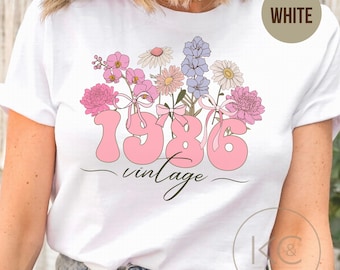 40th Birthday TShirt, 1986 Birthday Flower Shirt,  Birthday gift, Year Number Tee for Women, Birthday TShirt, Turning 40 Born in 1986 Gift.
