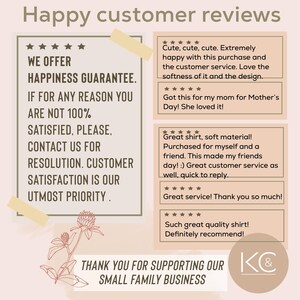 May include: A light beige graphic featuring customer reviews and a happiness guarantee. The text includes phrases like "Happy customer reviews," "WE OFFER HAPPINESS GUARANTEE," and "THANK YOU FOR SUPPORTING OUR SMALL FAMILY BUSINESS."