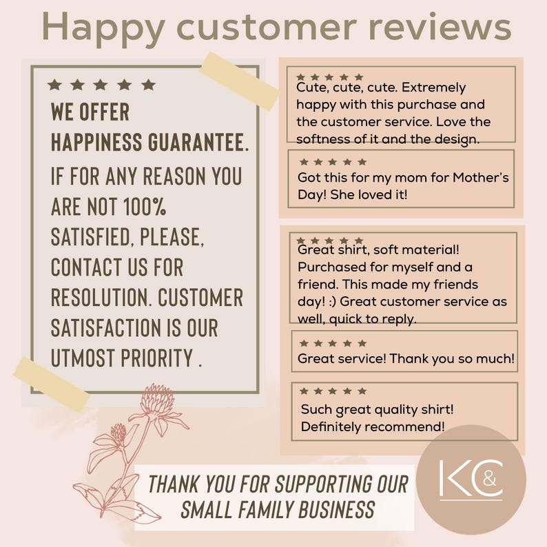May include: A light beige graphic featuring customer reviews and a happiness guarantee. The text includes phrases like "Happy customer reviews," "WE OFFER HAPPINESS GUARANTEE," and "THANK YOU FOR SUPPORTING OUR SMALL FAMILY BUSINESS."