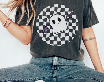 Retro Halloween Comfort Colors shirt, Checkered Ghost Sketch Shirt, Vintage Ghost Halloween Shirt, Checkerboard Shirt, Retro Fall Shirt.
