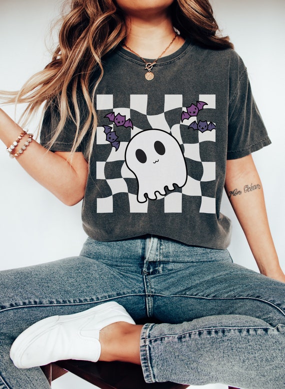 Retro Halloween Comfort Colors shirt, Checkered Ghost Sketch Shirt, Vintage Ghost Halloween Shirt, Checkerboard Shirt, Retro Fall Shirt.