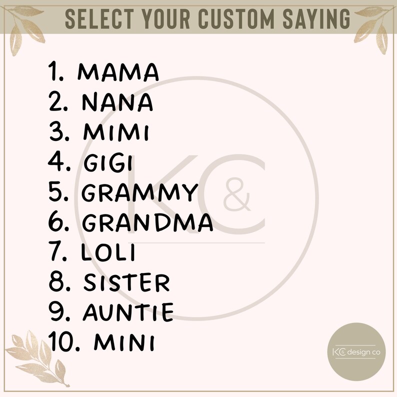 May include: A white card with black text listing ten different names for a grandmother, such as "Mama", "Nana", "Mimi", and "Gigi". The card also includes the text "SELECT YOUR CUSTOM SAYING" and a logo with the letters "KC" and the text "design co".