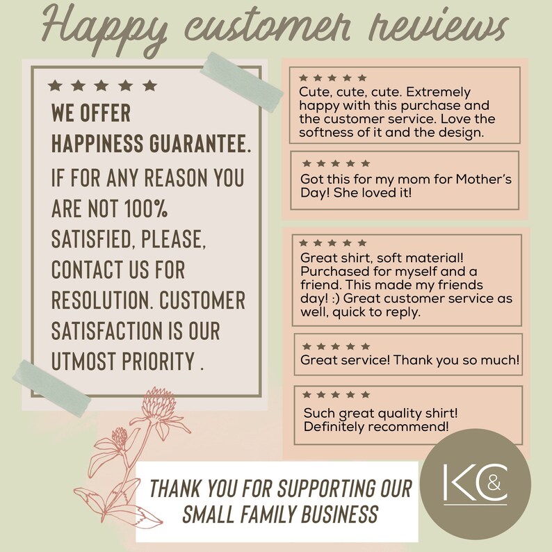 May include: A pink and white graphic with the text "Happy customer reviews" and several five-star reviews. The text "WE OFFER HAPPINESS GUARANTEE. IF FOR ANY REASON YOU ARE NOT 100% SATISFIED, PLEASE, CONTACT US FOR RESOLUTION. CUSTOMER SATISFACTION IS OUR UTMOST PRIORITY." is also included. The graphic also includes the text "THANK YOU FOR SUPPORTING OUR SMALL FAMILY BUSINESS" and the initials "K&" in a circle.