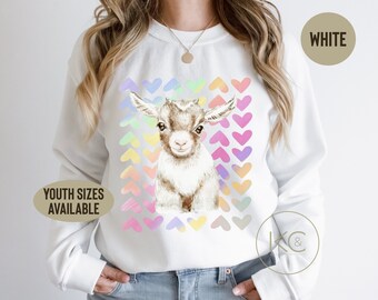 Cute goat with hearts Sweatshirt, women’s crewneck, goat mom shirt, obsessed  with goats, funny goat sweater, gift for a goat lover.