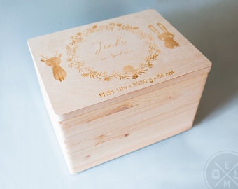 Personalized Memory Box "Deer & Bunny" with Engraved Name, Memory Box, Wood, Wooden Box, Storage, Baby, Child Gift, Birth
