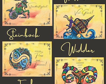 Zodiac Signs Postcard Set, Handcrafted Horoscope Greeting Cards