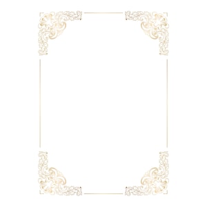 May include: A gold-coloured rectangular frame with ornate floral corner designs. The frame has a thin gold border and is set against a white background. The corners feature detailed, swirling patterns.