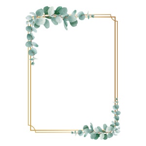 May include: A gold frame with a double border, decorated with sprigs of eucalyptus leaves on the top and bottom corners.