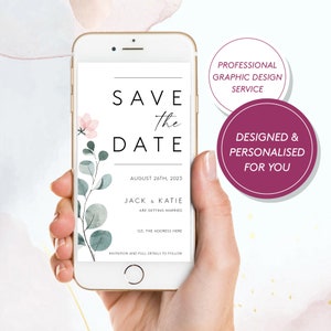 Gepersonaliseerde digitale Save the Date e-uitnodiging, Save the Evening e-uitnodiging, trouwkaart, elektronische huwelijksuitnodiging, verzenden via WhatsApp