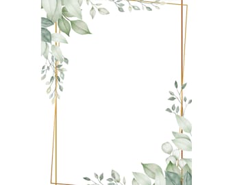 May include: A gold frame with a white background and green leaves around the edges.