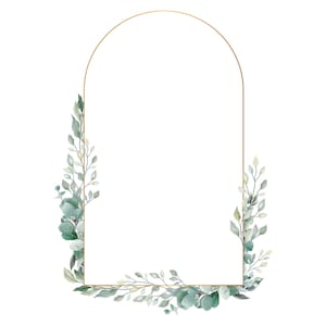 May include: A gold arch frame with green watercolour leaves and branches around the edges.