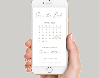 May include: A digital save the date card with a calendar showing July 2024 with the date 27th circled. The text reads "Save the Date" and "For the wedding of Grace & Matthew" with the address "123 The Address Here" and "Invitation and full details to follow".