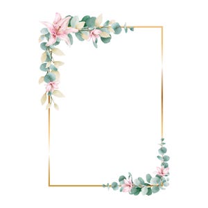 Dusty Rose Pink Blume und Goldrahmen Clipart, Hochzeit Einladung Clipart, Eukalyptus Grenze PNG, DIY Einladungen, digitaler Download.