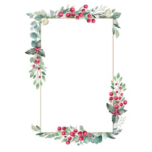 Può includere: Una cornice rettangolare dorata è adornata da illustrazioni ad acquerello di foglie verdi e bacche rosse. Gli elementi botanici creano un bordo festivo, perfetto per design o inviti a tema festivo. La cornice è posta su uno sfondo bianco.