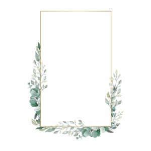 Puede incluir: Un marco rectangular dorado con hojas y ramas de eucalipto en acuarela. Las hojas son de varios tonos de verde y gris, con detalles delicados. Perfecto para invitaciones de boda, anuncios u otros eventos especiales.