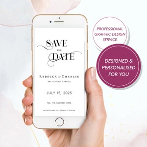ミニマルなパーソナライズされたデジタルSave the Date電子招待状、Save the Evening電子招待状、電子結婚式招待状、WhatsAppで送信