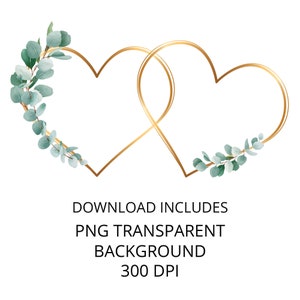 ユーカリとゴールドのラブハートのクリップアート、結婚式招待状のクリップアート、ユーカリのラブハートの PNG、DIY 招待状、デジタル ダウンロード。