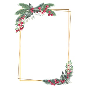 Puede incluir: Ilustración en acuarela de un marco geométrico dorado adornado con ramitas de agujas de pino verdes, hojas de acebo y bayas rojas brillantes. El diseño está sobre un fondo blanco, perfecto para proyectos temáticos navideños.