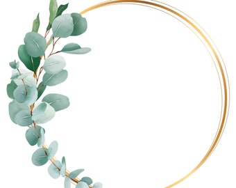 Eucalyptus and Gold Wreath Clipart, Wedding Invitation Clipart, Eucalyptus Wreath PNG, DIY Invitations, Digital Download.