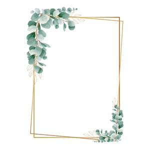 Eukalyptus und Goldrahmen Clipart, Hochzeitseinladung Clipart, Eukalyptus Grenze PNG, DIY Einladungen, digitaler Download.