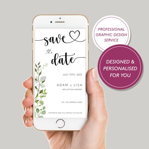 Gepersonaliseerde digitale e-uitnodiging voor 'save the date', e-uitnodiging 'Save the Evening', trouwkaart, elektronische huwelijksuitnodiging, verzenden via WhatsApp
