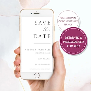Minimaal gepersonaliseerde digitale e-uitnodiging voor 'save the date', 'save the Evening' e-uitnodiging, elektronische huwelijksuitnodiging, verzenden via WhatsApp