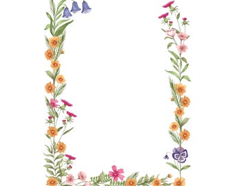 May include: Watercolor floral border featuring a variety of flowers in shades of orange, pink, purple, and blue. The flowers are arranged along green stems and leaves, creating a decorative frame on a white background. Perfect for invitations or stationery.