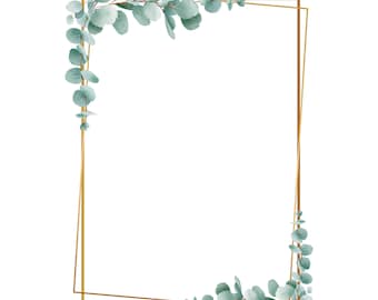 May include: A gold frame with a leafy green eucalyptus border. The frame is empty and ready for a photo or artwork.