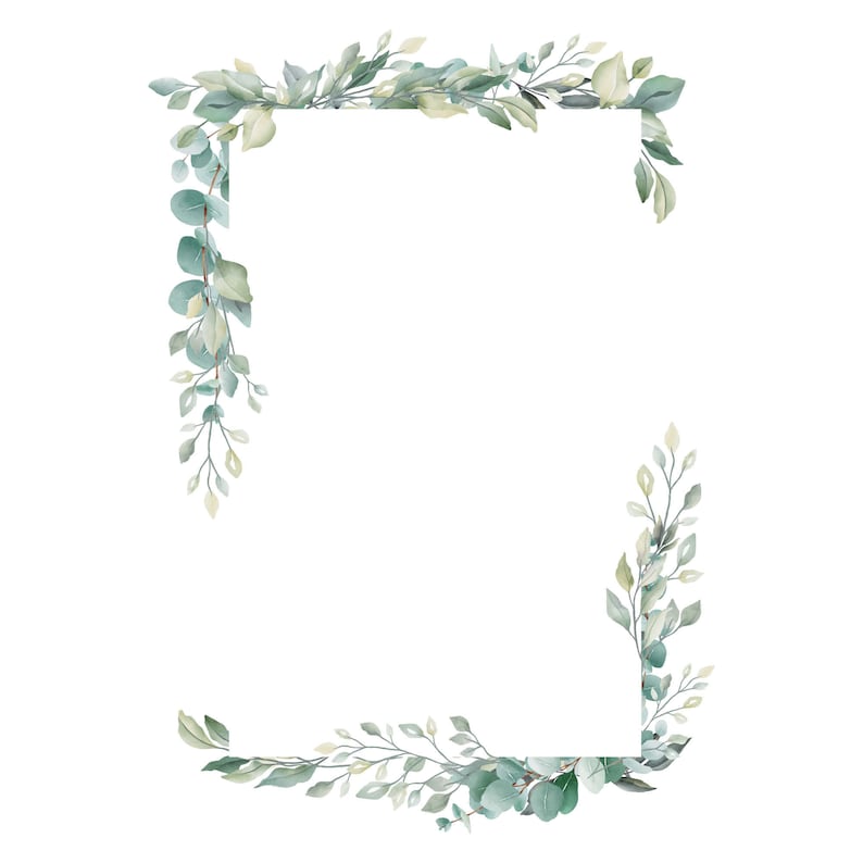 May include: A watercolor illustration of a rectangular frame with a leafy border. The leaves are green and white and are arranged in a symmetrical pattern.