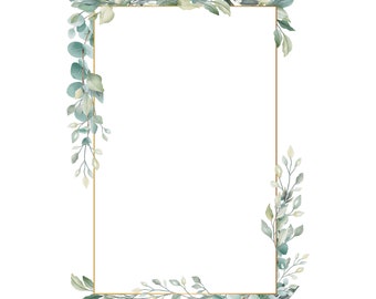 May include: A gold frame with a white background surrounded by green leaves and branches.