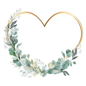 Clipart ghirlanda di cuori d'amore con eucalipto e oro, Clipart invito matrimonio, PNG ghirlanda di eucalipto, inviti fai da te, download digitale.