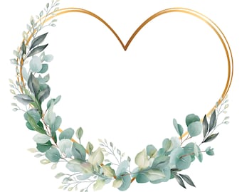 May include: A gold heart-shaped frame with green eucalyptus leaves and branches. The frame is perfect for adding a touch of greenery to your wedding or special event.