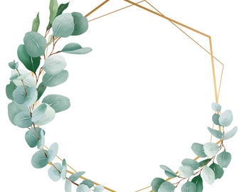 Eucalyptus and Gold Wreath Clipart, Wedding Invitation Clipart, Eucalyptus Wreath PNG, DIY Invitations, Digital Download.