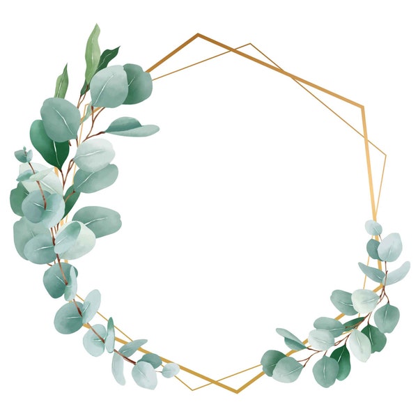 Eucalyptus and Gold Wreath Clipart, Wedding Invitation Clipart, Eucalyptus Wreath PNG, DIY Invitations, Digital Download.