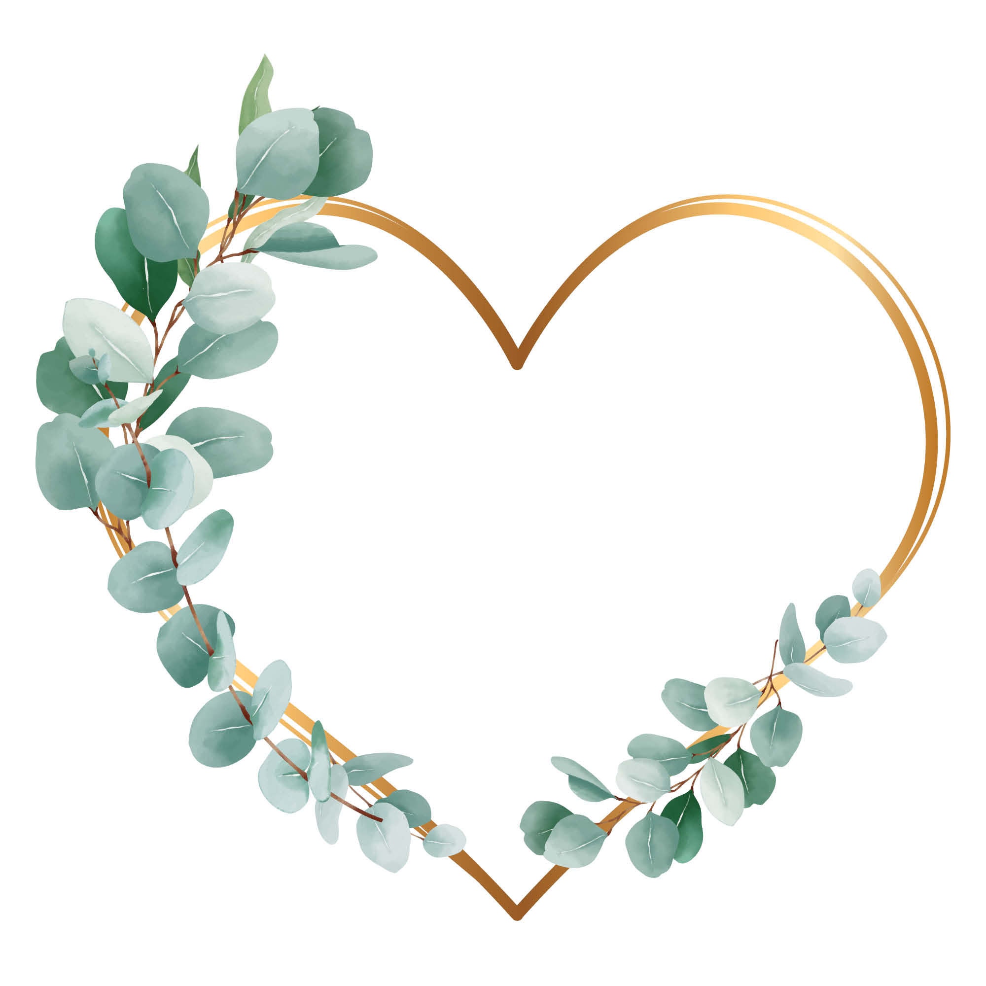 ユーカリとゴールドのハートリースのクリップアート：結婚式招待状DIY 