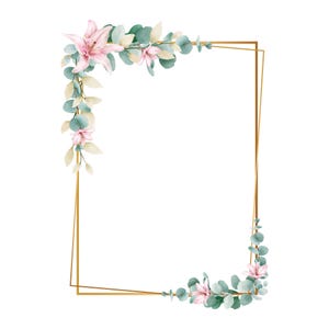 Clipart con fiori rosa antico e cornice dorata, Clipart con inviti di nozze, PNG con bordi di eucalipto, inviti fai da te, download digitale.