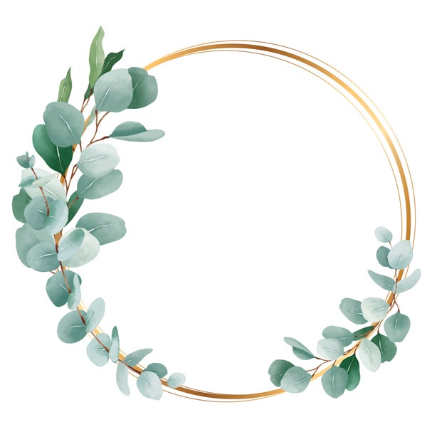 Eucalyptus and Gold Wreath Clipart, Wedding Invitation Clipart, Eucalyptus Wreath PNG, DIY Invitations, Digital Download.