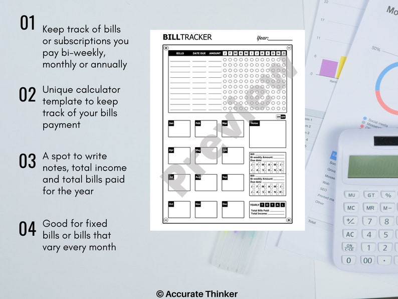 Puede incluir: Un rastreador de facturas imprimible en blanco y negro con una cuadr&iacute;cula de calendario, secciones de ingresos y gastos mensuales y una secci&oacute;n de total anual. El texto "BILLTRACKER" est&aacute; en la parte superior de la p&aacute;gina.