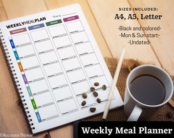 May include: A weekly meal planner with a black and white design. The planner has sections for breakfast, lunch, dinner, and snacks. It includes space to track water intake, vitamins, workouts, and calories. The planner is available in A4, A5, and Letter sizes. It is undated and can be used to start on Monday or Sunday.