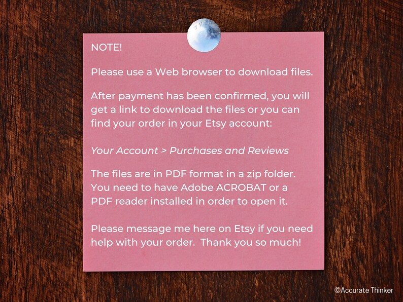 Puede incluir: Una nota rosa con el texto "NOTE!" en la parte superior. La nota proporciona instrucciones para descargar archivos digitales comprados en Etsy. La nota dice que se debe usar un navegador web para descargar los archivos, que una vez confirmado el pago, se enviar&aacute; un enlace para descargar los archivos, o el pedido se puede encontrar en la cuenta de Etsy. La nota tambi&eacute;n dice que los archivos est&aacute;n en formato PDF en una carpeta zip y que se necesita un lector de PDF para abrir los archivos. La nota termina con "Por favor, env&iacute;ame un mensaje aqu&iacute; en Etsy si necesitas ayuda con tu pedido. &iexcl;Muchas gracias!"