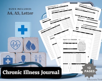 May include: A printable chronic illness journal with 12 pages. The journal includes trackers for medication, appointments, lab results, pain, and medical expenses. The journal is available in A4, A5, and Letter sizes.