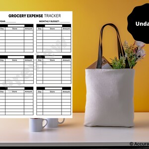 Puede incluir: Un rastreador de gastos de comestibles imprimible con secciones para el a&ntilde;o, el presupuesto mensual, el d&iacute;a, la tienda y la cantidad. El rastreador est&aacute; dividido en tres secciones, cada una con 10 filas para registrar los gastos.