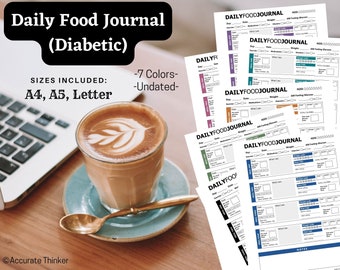 Diario de alimentación para diabéticos / Registro diario de alimentos para diabéticos (PDF imprimible) / Seguimiento de comidas y azúcar en sangre