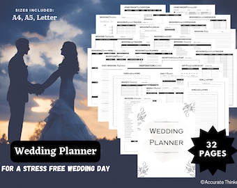 Puede incluir: Un planificador de bodas en blanco y negro con 32 páginas. El planificador incluye listas de verificación, rastreadores y hojas de cálculo presupuestarias. La portada presenta una silueta de una pareja sobre un fondo de puesta de sol. El texto "Wedding Planner" y "For a Stress Free Wedding Day" está impreso en la portada.