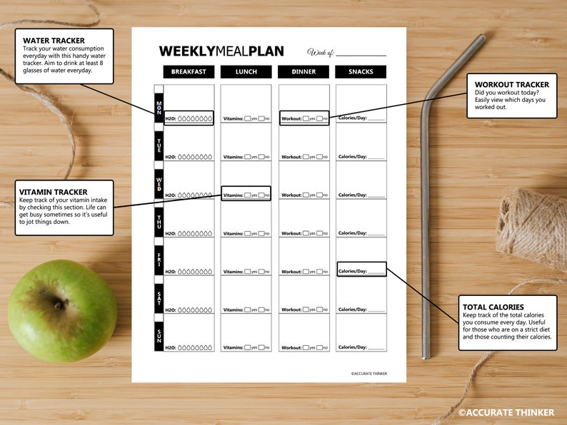 Puede incluir: Un planificador de comidas semanal imprimible en blanco y negro con secciones para el desayuno, el almuerzo, la cena, los refrigerios, el seguimiento del agua, el seguimiento de las vitaminas, el seguimiento del entrenamiento y las calor&iacute;as totales. El planificador incluye un espacio para escribir el n&uacute;mero de la semana.