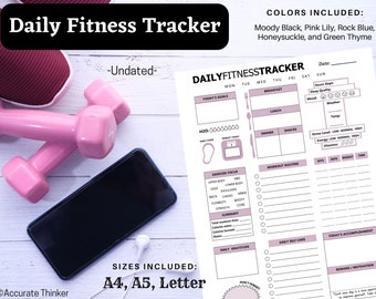 May include: A printable daily fitness tracker with a pink and white color scheme. The tracker includes sections for goals, water intake, exercise focus, workout routine, daily self-care, and gratitude. The text "Daily Fitness Tracker" is at the top of the page. The text "Sizes Included: A4, A5, Letter" is at the bottom of the page.