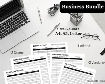 May include: A black and white printable business bundle with five different trackers: Client History, Shipping Tracker, Cashflow Tracker, Customer Tracker, and Sales Tracker. The bundle includes three colors, two versions, and three sizes: A4, A5, and Letter.