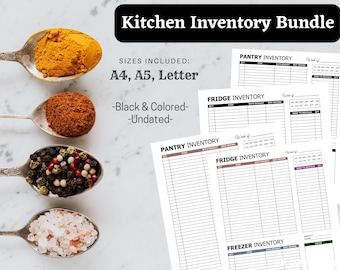 May include: Printable kitchen inventory bundle in A4, A5, and Letter sizes. Includes pantry, fridge, and freezer inventory lists. Available in black and coloured versions. Undated.