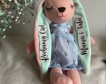 personalised plush bunny/ personalizowany królik/ wielkanoc/ prezent/ baby gift/ baby girl/ baby shower/ pluszak/ imię i data urodzenia