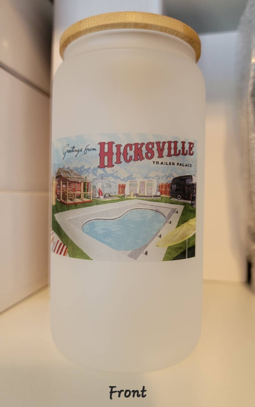 Hicksville Trailer Palace Depp Inspired FROSTED Iced Coffee, Glass Beer Can, Wine Glass With